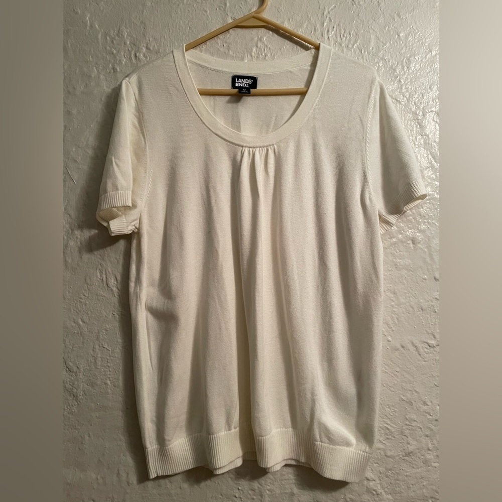 Lands End Womens Ivory Cotton Modal Lightweight Short Cap Sleeve Sweater;Size XL